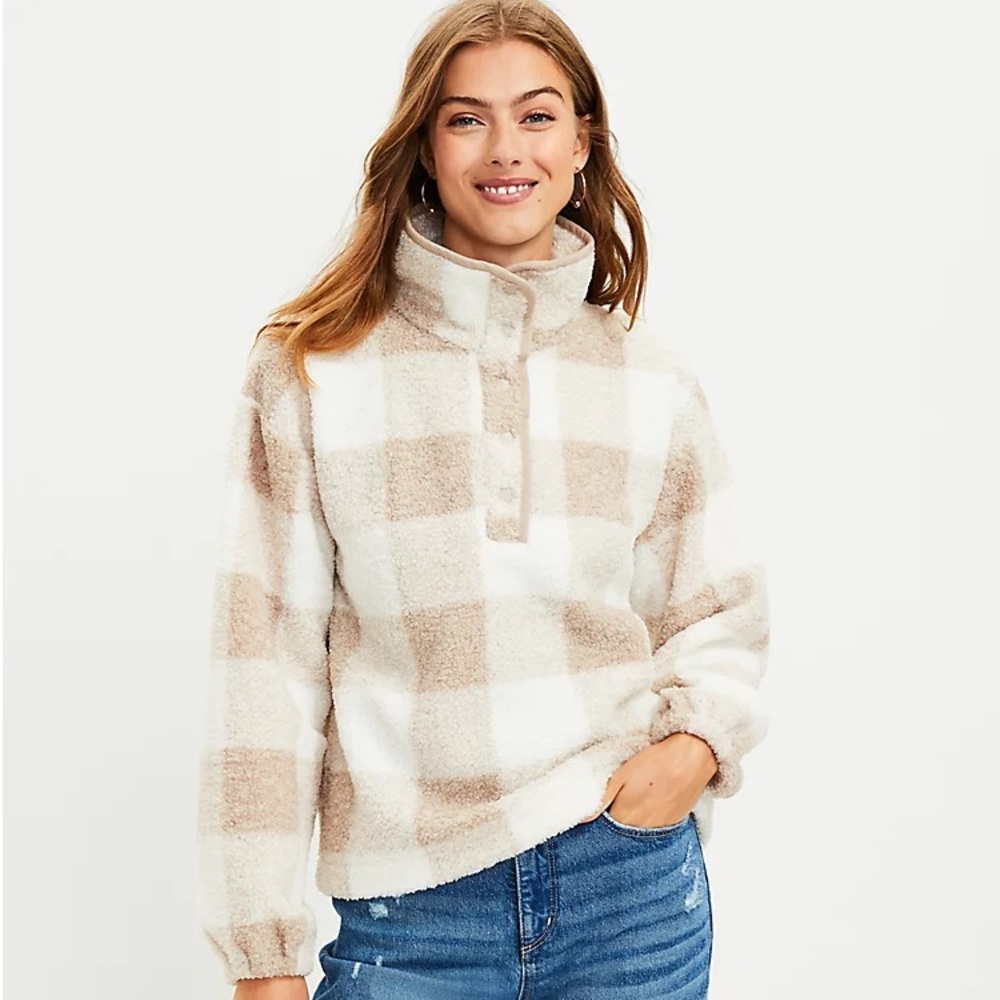 Plaid Sherpa Snap Collar Top size small petite